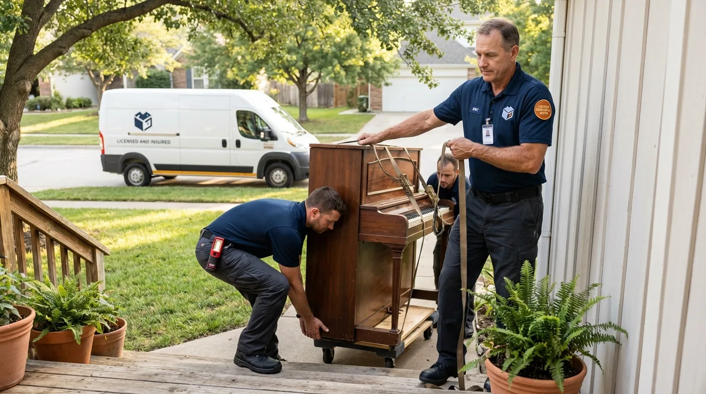 Licensed piano movers securing grand piano in Fort Smith, AR