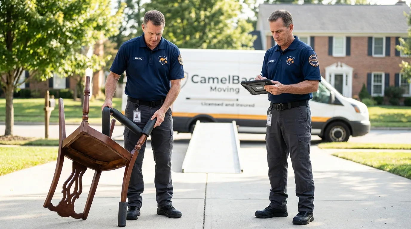 Movers inspecting furniture for damage prevention before loading in Fort Smith, AR
